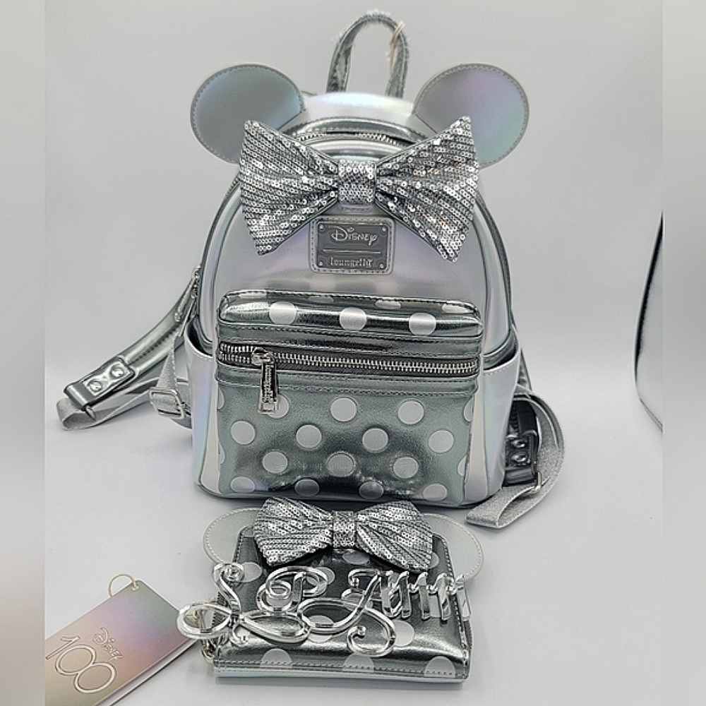 SOLD Loungefly Disney 100 Minnie Mouse Platinum Backpack & Wallet NEW NWT #1635 - Picture 2 of 16